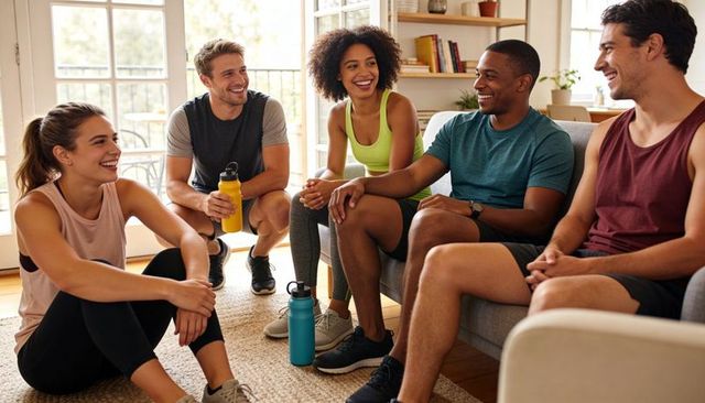 Smiling friends chatting after workout in bright lounge holding water bottles
