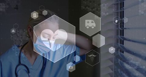 Nurse leaning at window with mask and stethoscope highlighting health worker burnout
