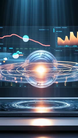 Pulsing Holographic Data Orb Rotating Rings Visualizing Real-Time Analytics Vertical Video