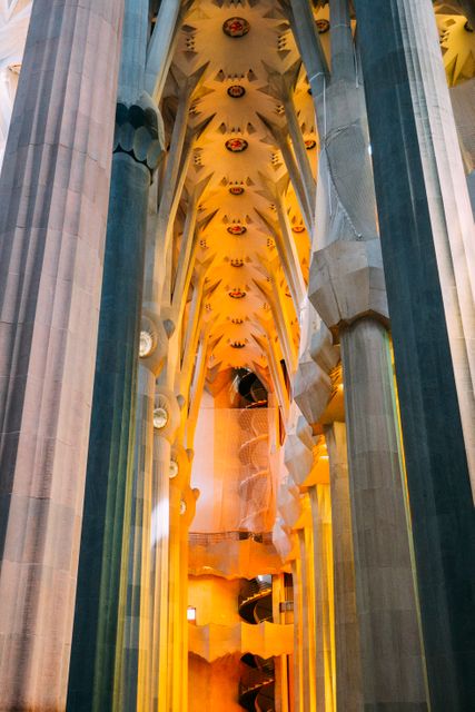 Illuminated gothic columns inside a historic cathedral showcasing grandeur and intricate architectural details. Perfect for use in websites, travel brochures, educational materials, and as a scenic background, this image evokes themes of tourism, heritage, artistry, and religious significance.