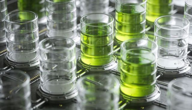 Bioprocessing reactor array holding bright green culture medium in clear cylinders