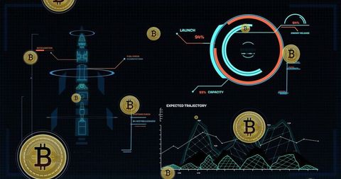 Futuristic Crypto HUD Interface with Bitcoin Icons, Rocket Launch and Data Visualizations