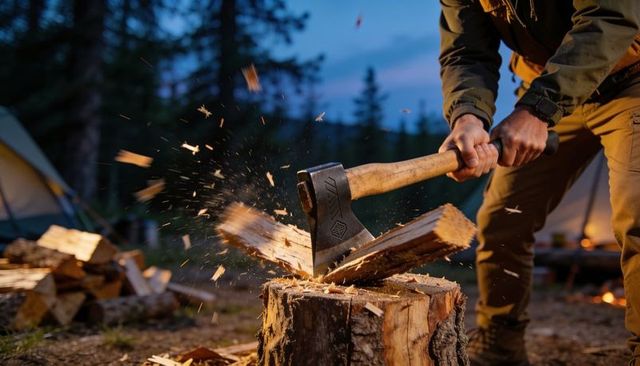 Splitting firewood at dusk campsite with axe sparks and flying wood chips