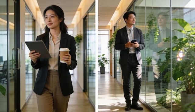 Two professionals walking in glass corridor using tablet and smartphone holding coffee
