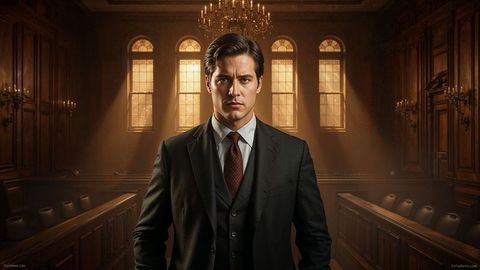 Confident prosecutor lawyer standing in grand courtroom interior setting