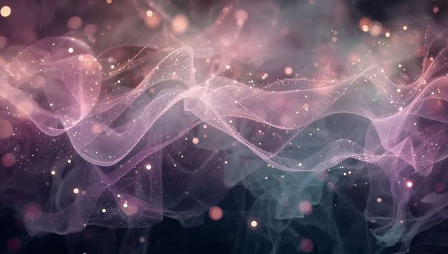 Ethereal Translucent Ribbon Waves with Golden Particle Bokeh