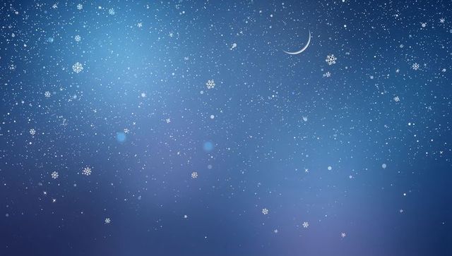 Glowing snowy starry night sky featuring crescent moon and falling snowflakes