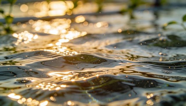Golden-hour ripples on pond surface with floating leaves and shimmering bokeh