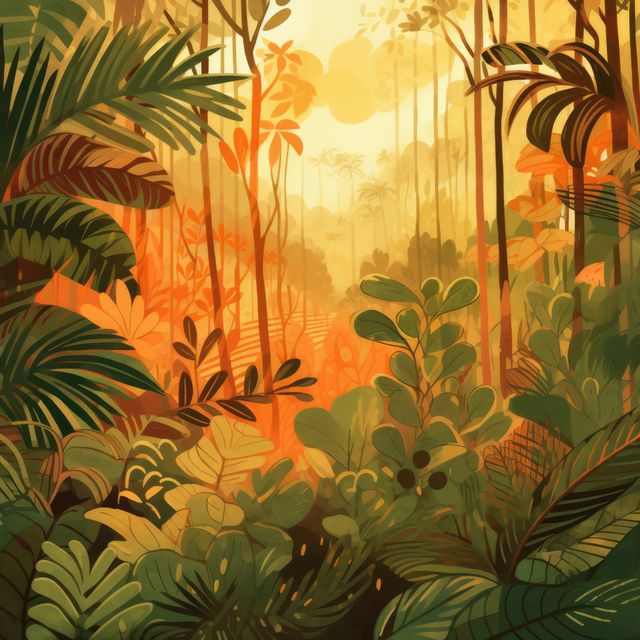 Colorful illustration showcasing dense tropical jungle during sunrise with vibrant hues of orange and lush green leaves. Ideal for environmental campaigns, nature-themed presentations, adventure book covers, or wildlife posters and editorial features emphasizing natural beauty and diversity.