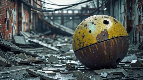 Weathered wrecking ball in abandoned industrial corridor