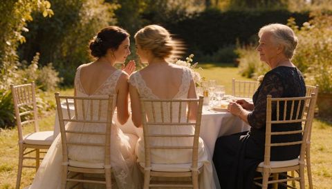 Sunlit garden wedding: brides whispering at intimate outdoor reception table with chiavari