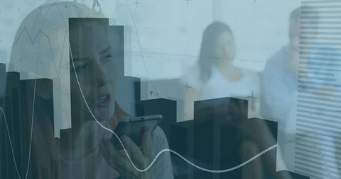 Woman Using Smartphone With Abstract Financial Graphs Overlay