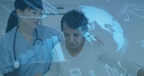 Healthcare Professional Supporting Elder Patient with Digital Technology Overlay