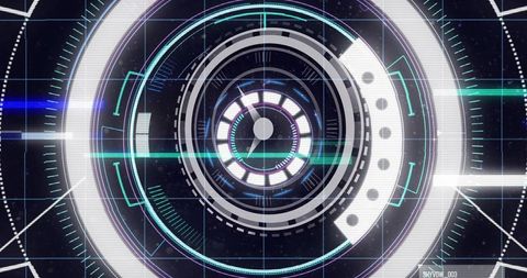 Rotating multi-ring holographic HUD overlay with neon scanline and starfield grid