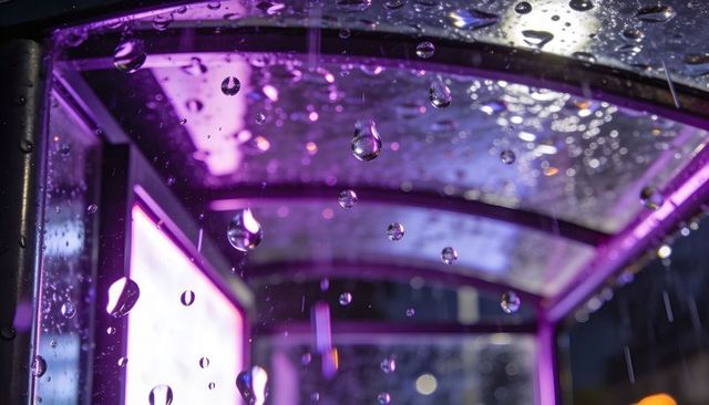Raindrops glistening on curved glass canopy under purple neon at urban bus stop with bokeh