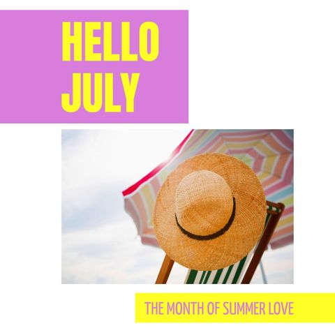 hello july summer concept with beach sunhat and umbrella - Download Free Stock Templates Pikwizard.com