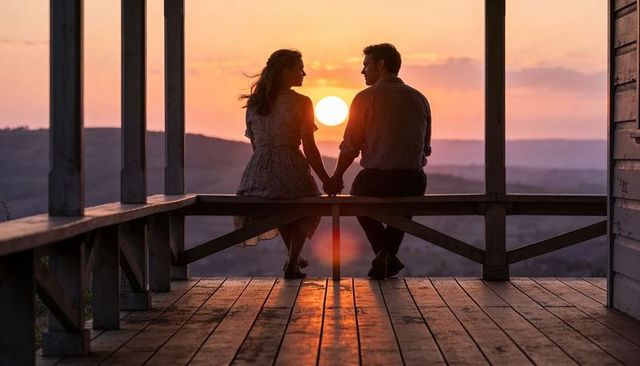 Couple holding hands on porch bench watching sunset over rolling countryside horizon romantic