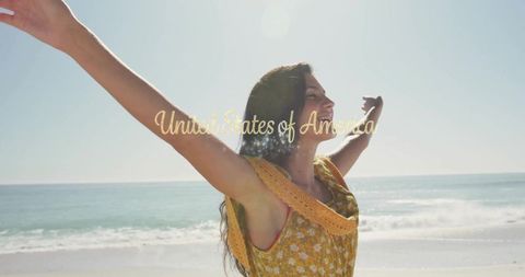 Joyful woman embracing sunshine and beach freedom