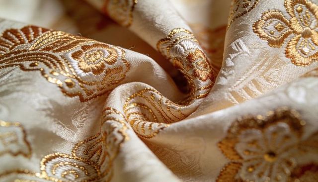 Luxurious ivory brocade featuring gold metallic paisley embroidery and satin sheen