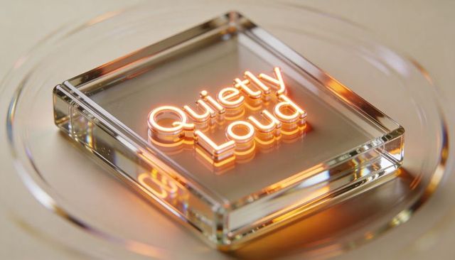Quietly loud neon glowing on clear acrylic block with warm orange reflection, minimal studio design