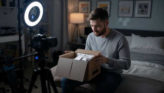Man filming unboxing video in home studio with ring light