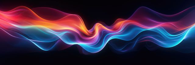 Colorful abstract wavy lines on a black background creating a vibrant, neon-like effect. This digital art is perfect for use in graphic design, wallpapers, tech presentations, and web backgrounds. Its modern and futuristic look makes it suitable for advertising, marketing materials, and creative projects.