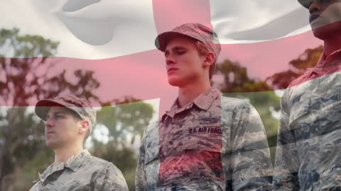 Teaming of Multiracial Soldiers with English Flag Overlay