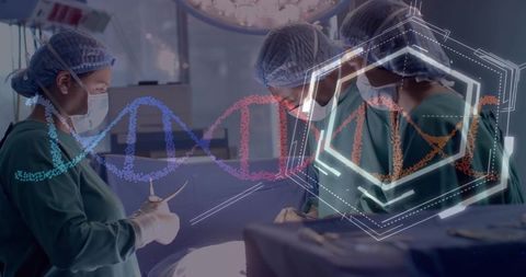 Surgical team operating with dna data overlay medical technology concept in operating room