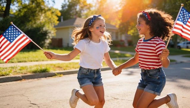 Children jumping with american flags on sunny suburban street celebrating fourth of july