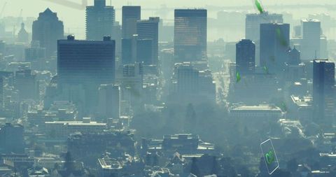 Hazy Downtown Skyline Fading into Mist with Floating Green Phone Overlay