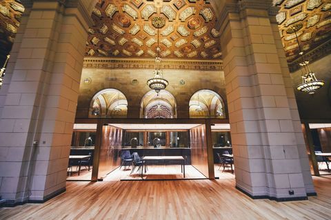 Elegant historic building interior with vaulted ceiling and chandeliers