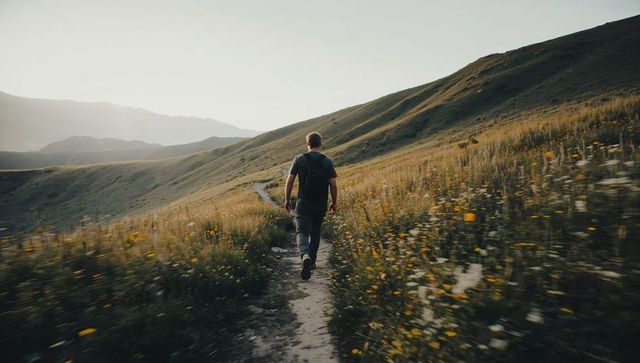 Male hiker walking through wildflower meadow along mountain trail at golden hour