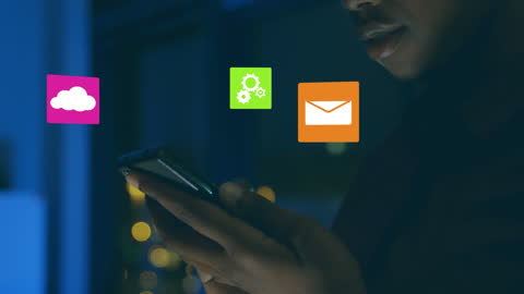 Tech-savvy Individual Using Smartphone with Digital Icons Overlay