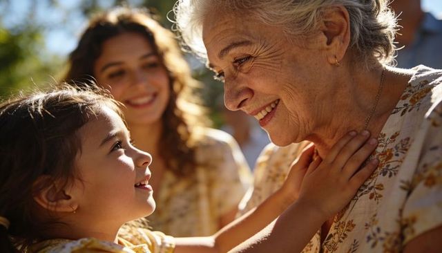 Grandmother smiling, granddaughter touching necklace, sharing warm outdoor family moment