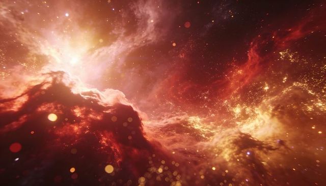 Glowing red-orange nebula swirling through deep space with luminous dust and flare