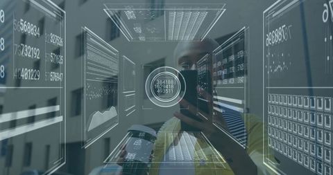 Futuristic analyst engaging with holographic digital panels