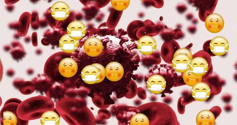 3D Coronavirus Amid Red Blood Cells with Protective Emoji - Download Free Stock Images Pikwizard.com