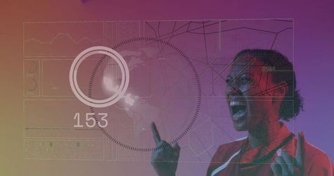 Excited woman engaging with futuristic digital infographics