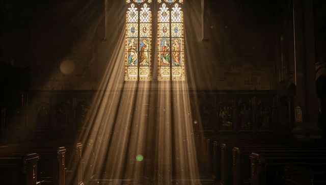 Sunbeams streaming through stained glass illuminating dusty cathedral nave and wooden pews
