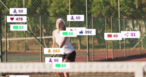 Young Tennis Player Interacted by Social Media Icons with Notifications