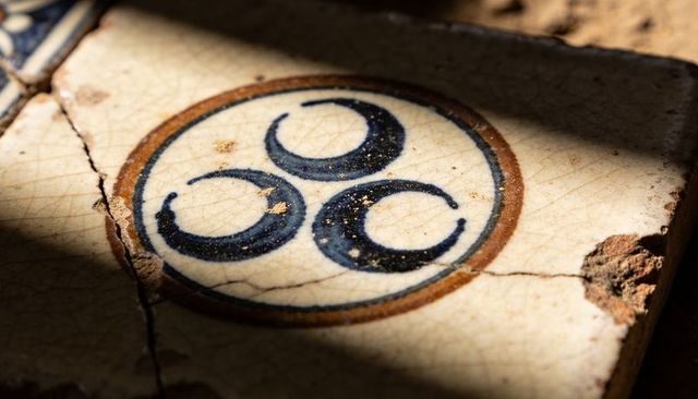 Cracked Ceramic Tile Displaying Triskelion Motif, Crazing and Weathered Patina