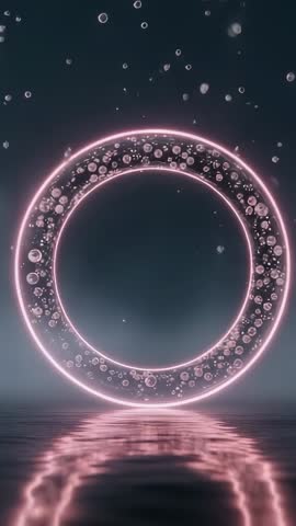 Neon-pink ring pulsing above reflective water with floating bubbles futuristic vertical loop