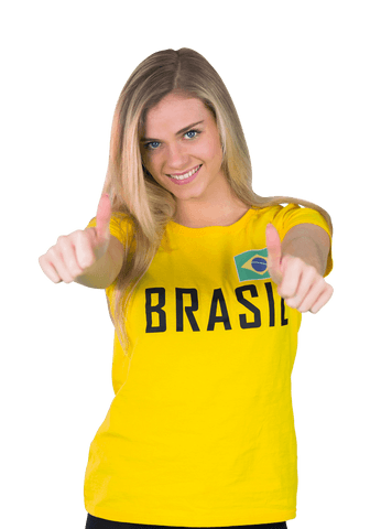 Smiling woman wearing brazilian football shirt giving thumbs up