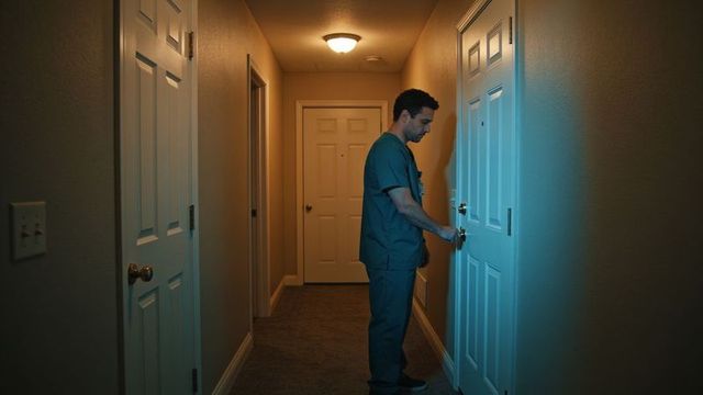 Healthcare worker in teal scrubs entering hallway at night holding keys and id badge