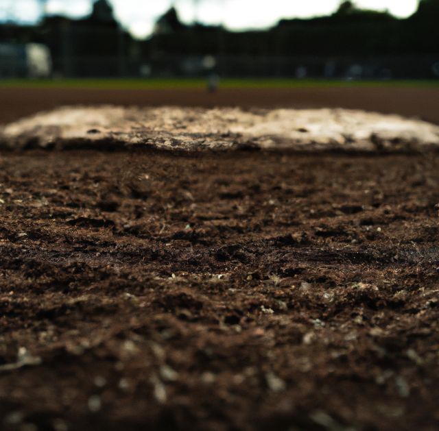 The scene shows a close-up view of a baseball pitcher's mound with detailed textures of the dirt and surrounding area. The background is a blurred view of the baseball field, hinting at an outdoor athletic setting. This image may be used for promoting sports events, baseball training programs, and general athletic activities. It can also be used in articles or advertisements focusing on the sport of baseball.