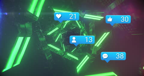 Social Media Icons in Neon Digital Tunnel Animation