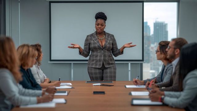 Female executive presenting in modern boardroom, gesturing to team with city skyline view