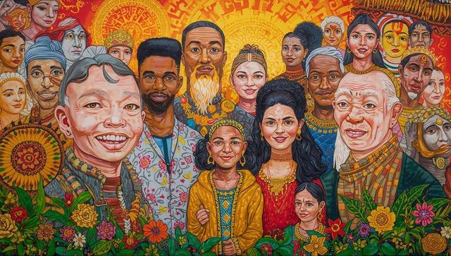 Multigenerational mural celebrating cultural diversity, community unity, ornate portraiture