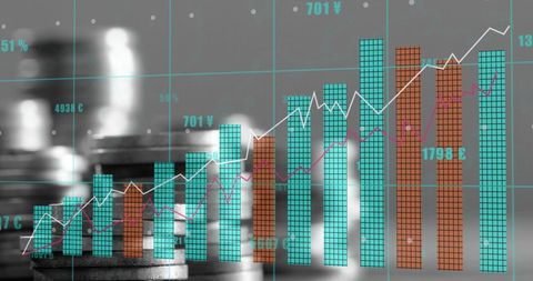 Digital financial analysis with stacked coins background