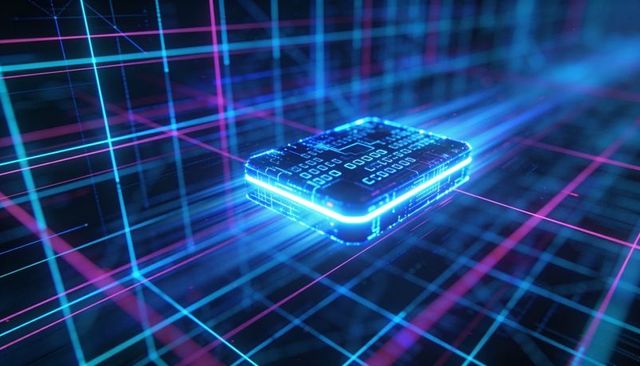 Hovering neon data module emitting binary streams over cyber grid for ai and cybersecurity